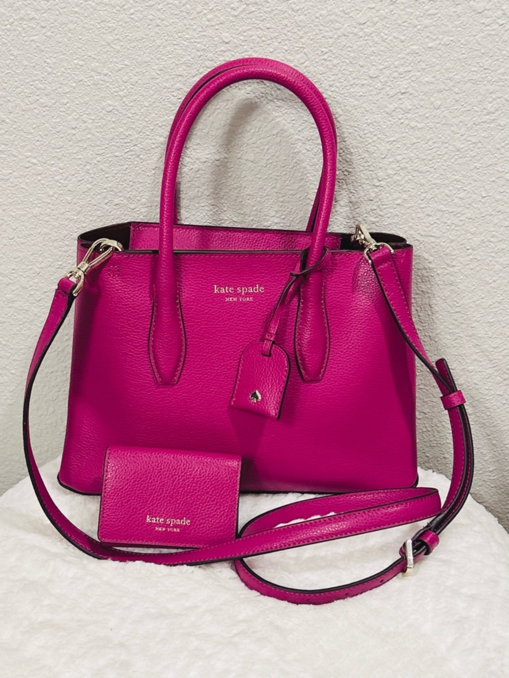 2 Pcs New Kate Spade Raspberry Satchel w/ Crossbody Strap & Tri Fold Wallet